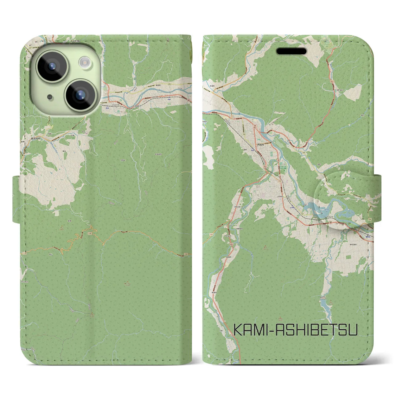 【上芦別(北海道)】地図柄iPhoneケース(手帳タイプ)ナチュラル・iPhone 15 用