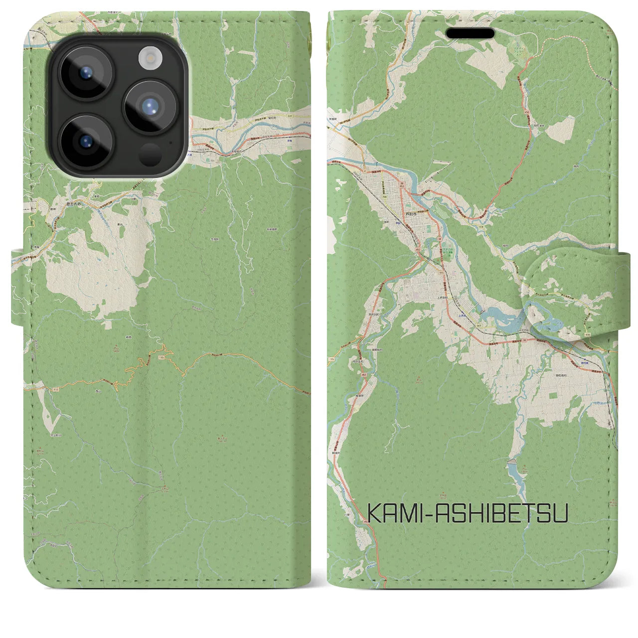 【上芦別(北海道)】地図柄iPhoneケース(手帳タイプ)ナチュラル・iPhone 15 Pro Max 用