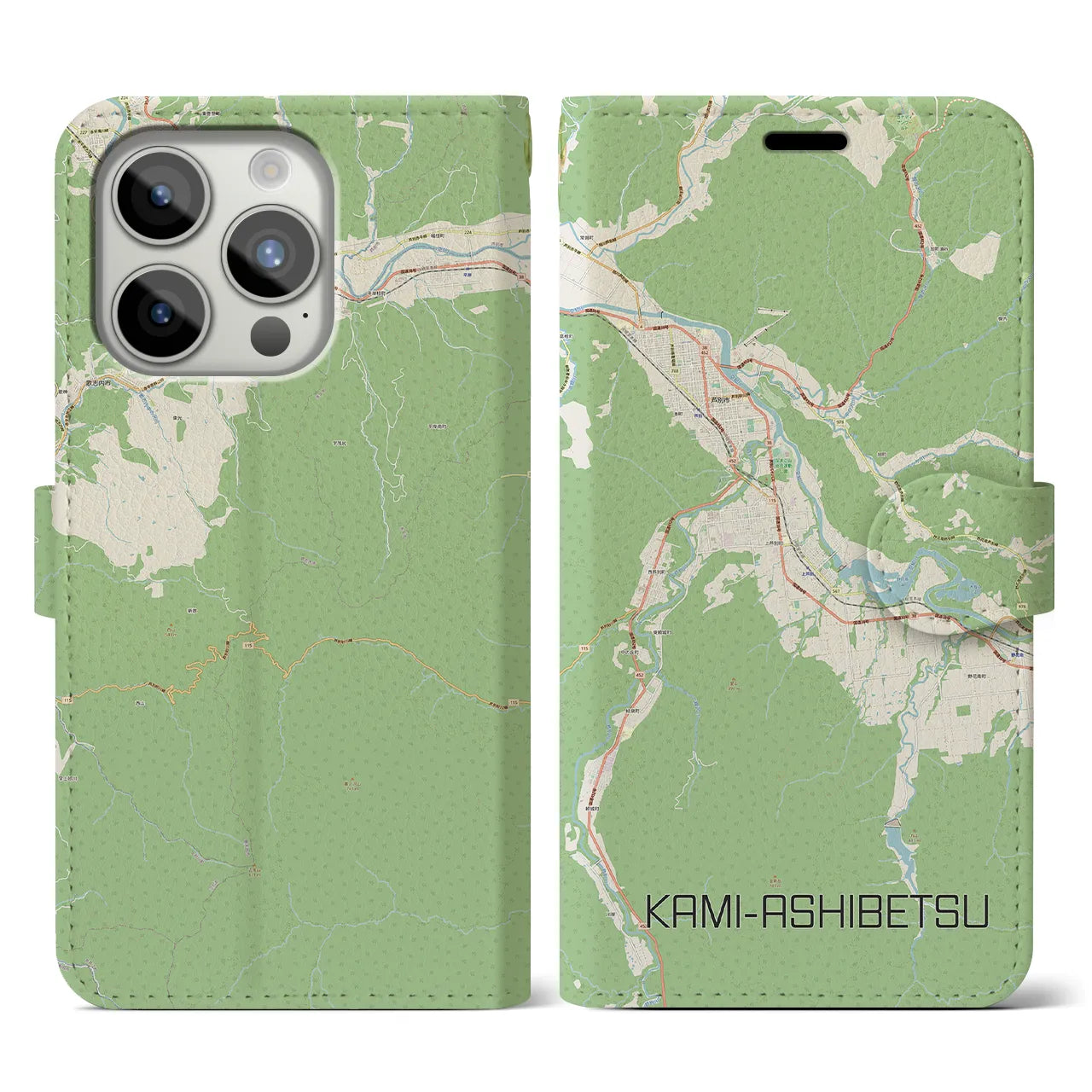 【上芦別(北海道)】地図柄iPhoneケース(手帳タイプ)ナチュラル・iPhone 15 Pro 用