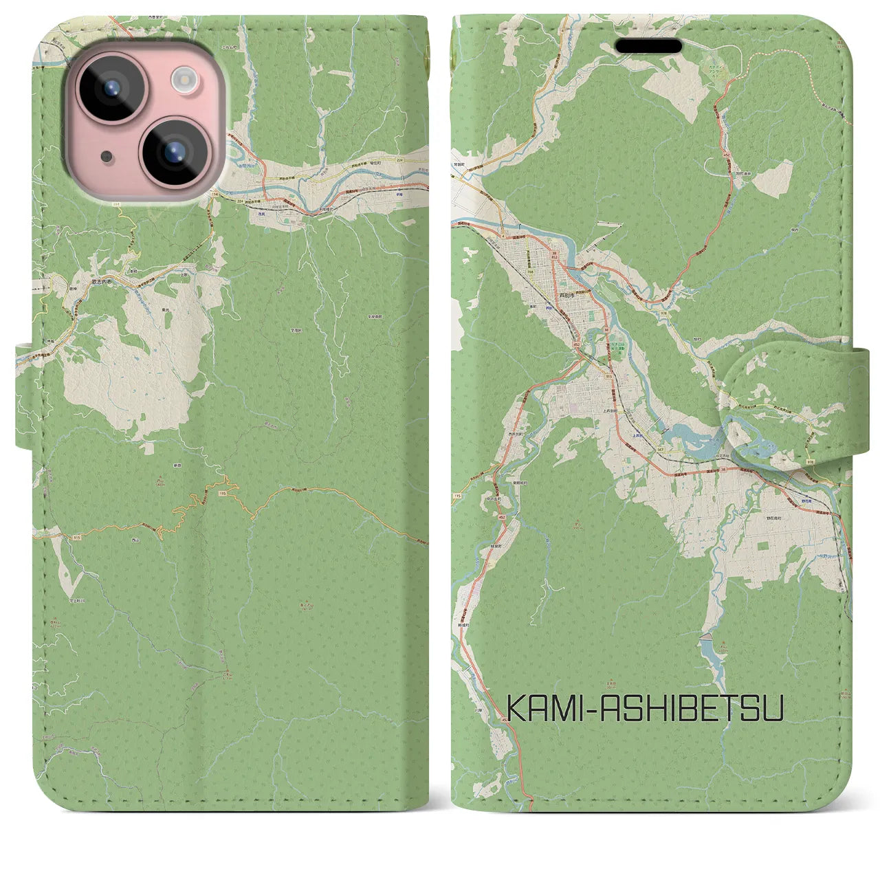 【上芦別(北海道)】地図柄iPhoneケース(手帳タイプ)ナチュラル・iPhone 15 Plus 用