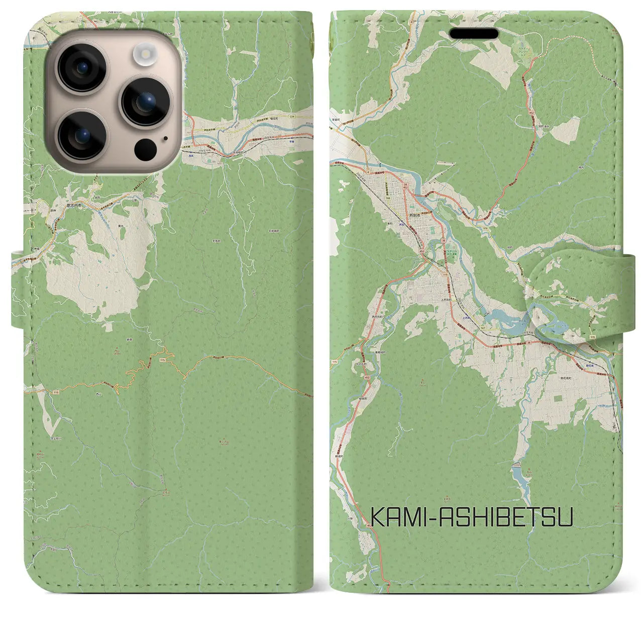 【上芦別(北海道)】地図柄iPhoneケース(手帳タイプ)ナチュラル・iPhone 16 Plus 用