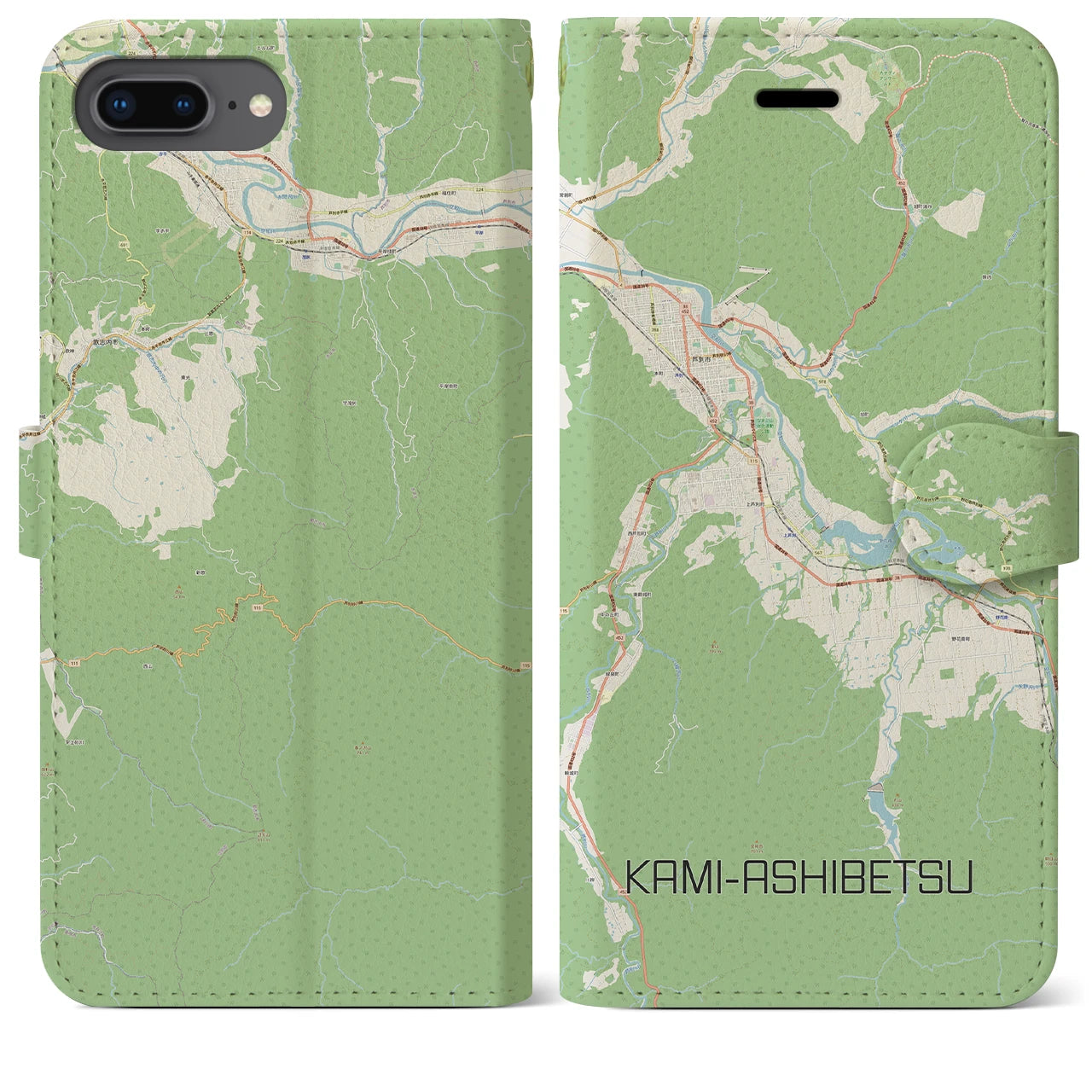 【上芦別(北海道)】地図柄iPhoneケース(手帳タイプ)ナチュラル・iPhone 8Plus /7Plus / 6sPlus / 6Plus 用