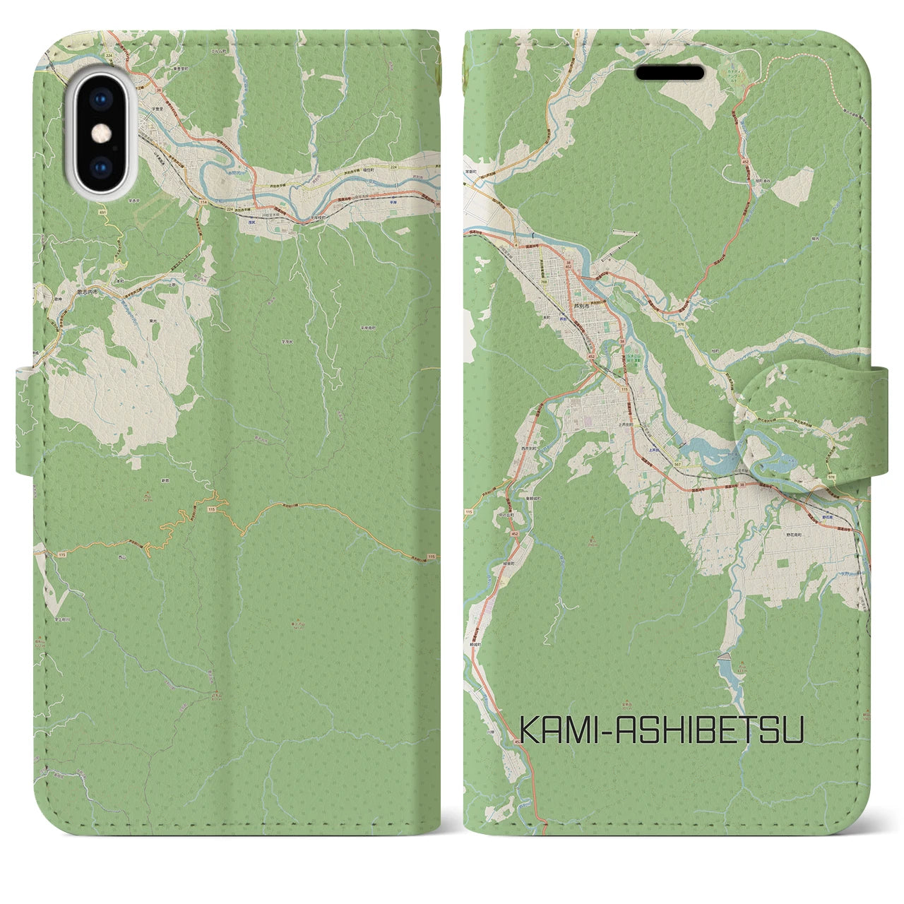 【上芦別(北海道)】地図柄iPhoneケース(手帳タイプ)ナチュラル・iPhone XS Max 用