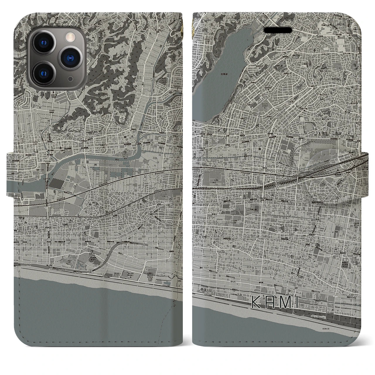 【可美(静岡県)】地図柄iPhoneケース(手帳タイプ)モノトーン・iPhone 11 Pro Max 用