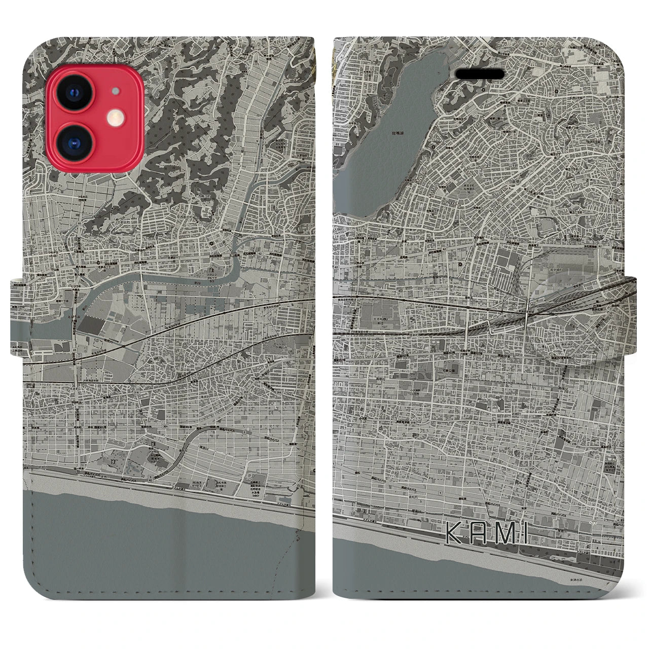 【可美(静岡県)】地図柄iPhoneケース(手帳タイプ)モノトーン・iPhone 11 用