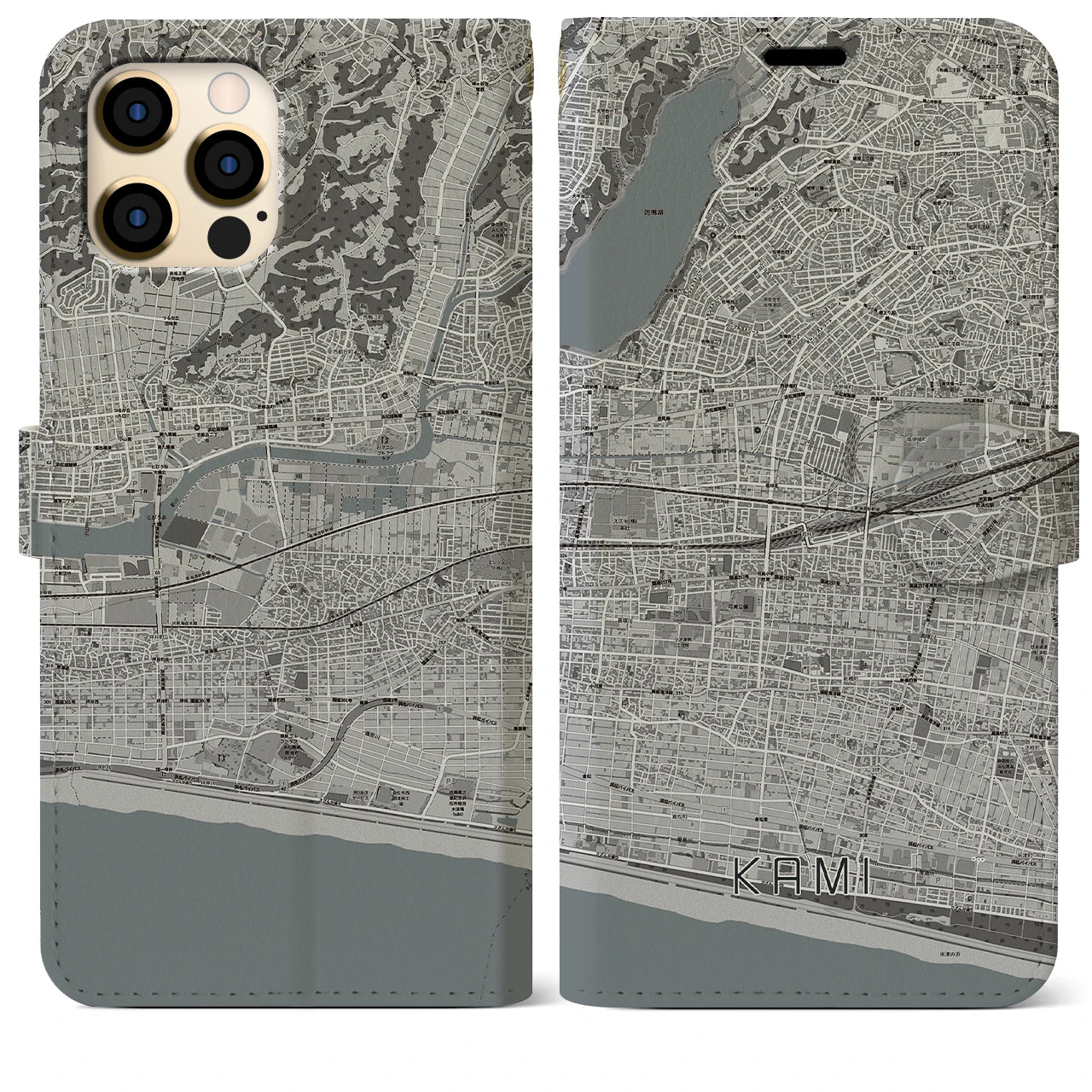 【可美(静岡県)】地図柄iPhoneケース(手帳タイプ)モノトーン・iPhone 12 Pro Max 用