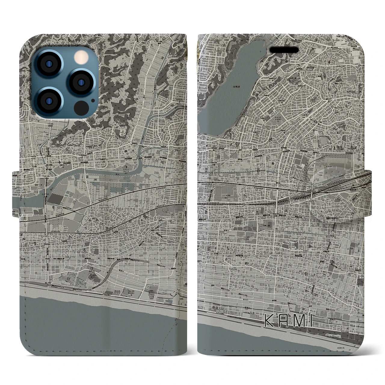 【可美(静岡県)】地図柄iPhoneケース(手帳タイプ)モノトーン・iPhone 12 / 12 Pro 用