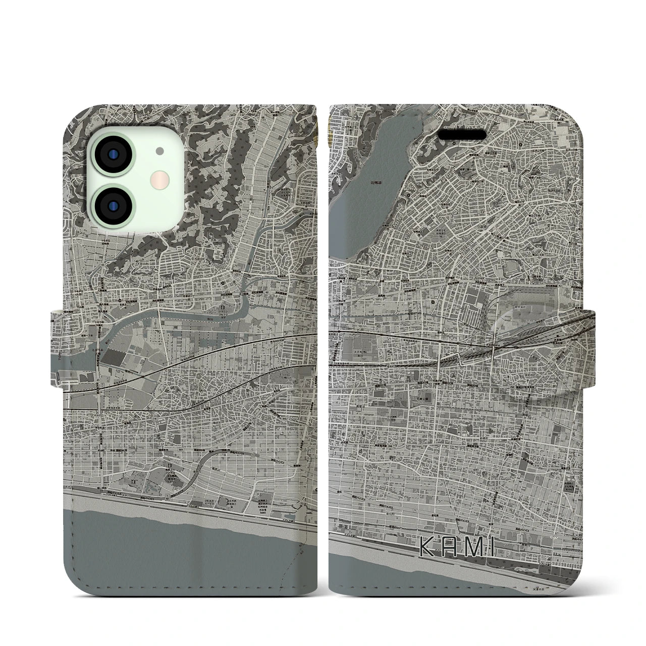 【可美(静岡県)】地図柄iPhoneケース(手帳タイプ)モノトーン・iPhone 12 mini 用