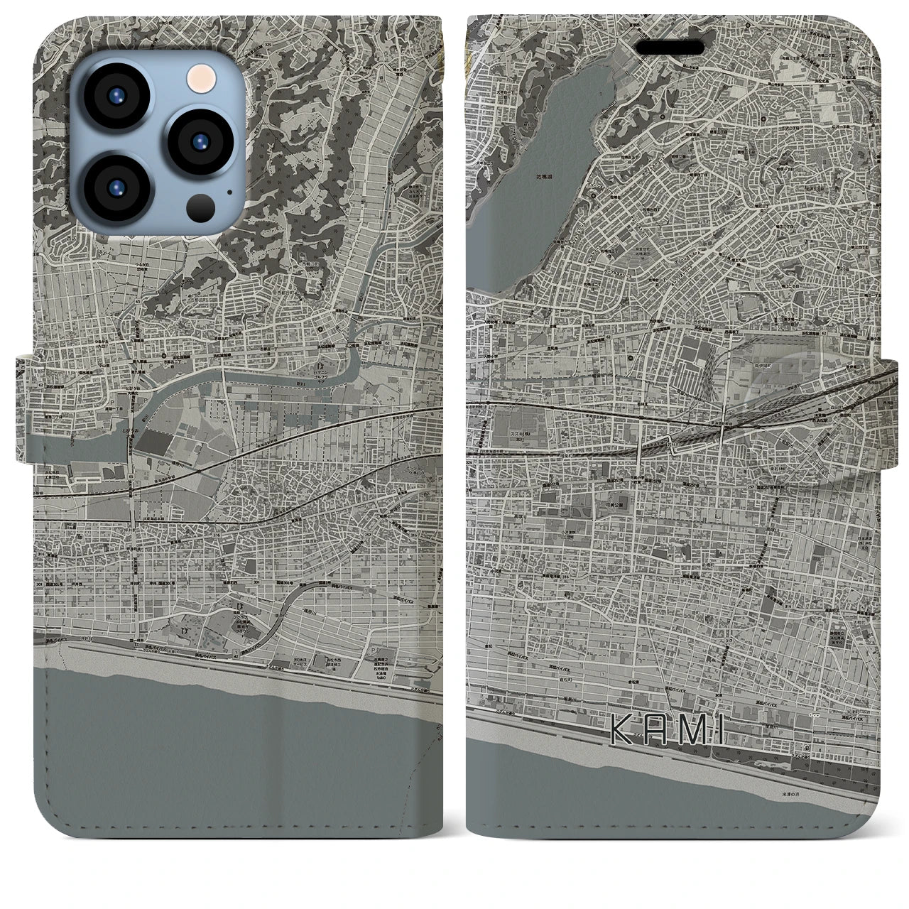 【可美(静岡県)】地図柄iPhoneケース(手帳タイプ)モノトーン・iPhone 13 Pro Max 用