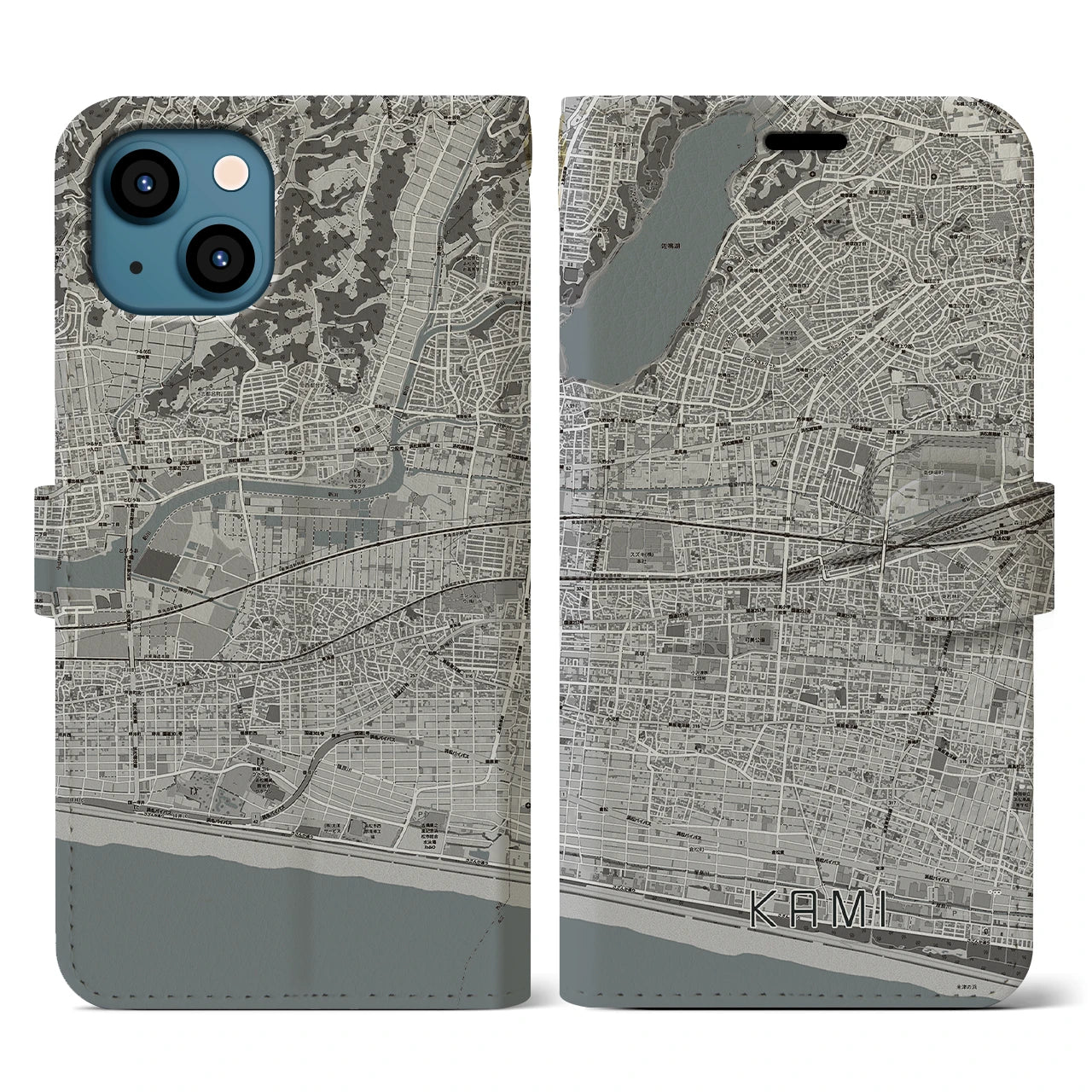 【可美(静岡県)】地図柄iPhoneケース(手帳タイプ)モノトーン・iPhone 13 用