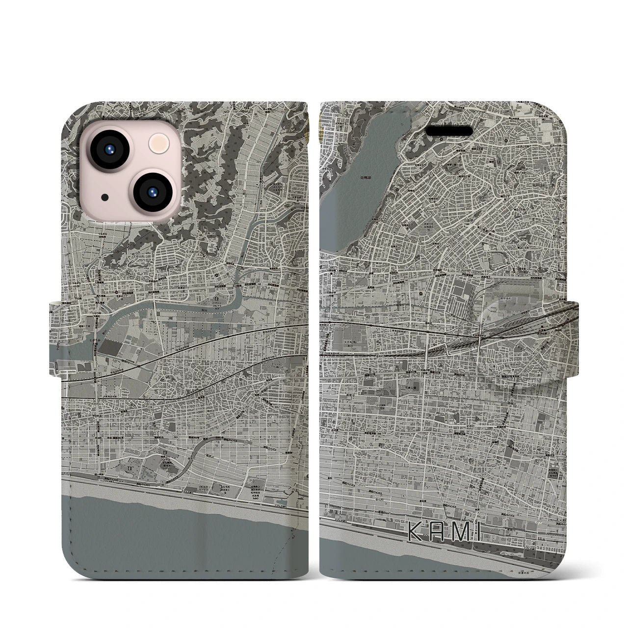 【可美(静岡県)】地図柄iPhoneケース(手帳タイプ)モノトーン・iPhone 13 mini 用