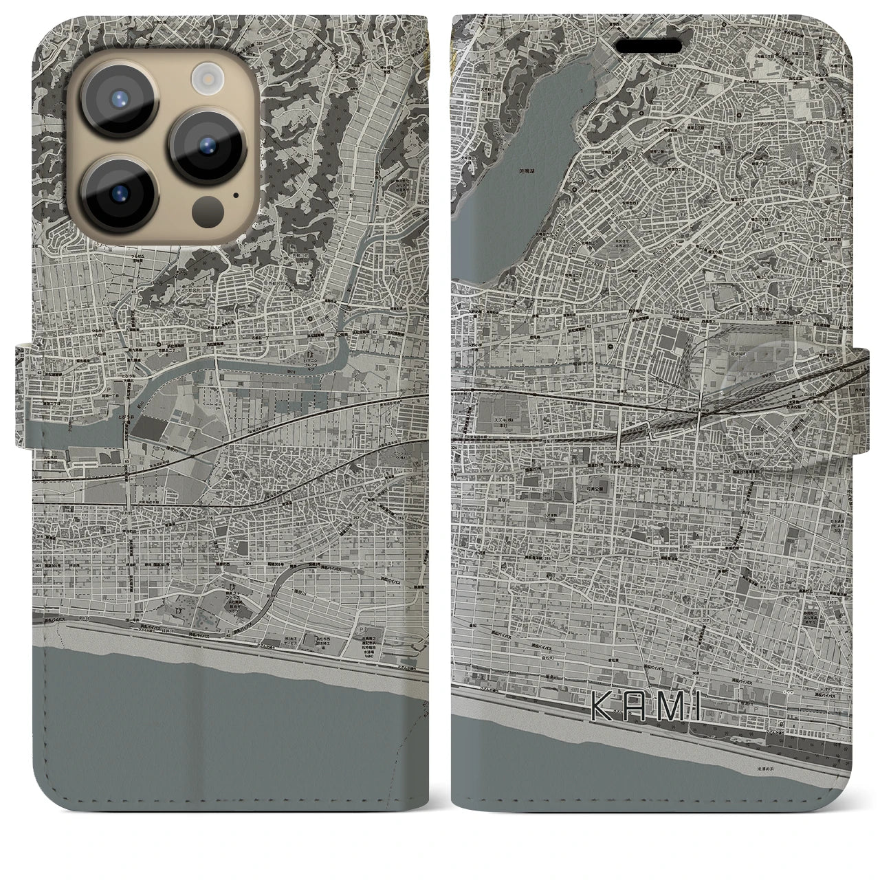 【可美(静岡県)】地図柄iPhoneケース(手帳タイプ)モノトーン・iPhone 14 Pro Max 用