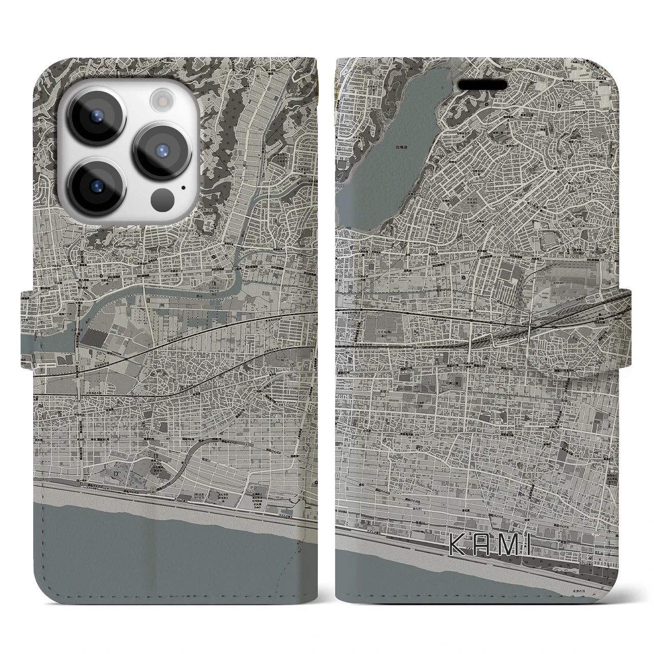 【可美(静岡県)】地図柄iPhoneケース(手帳タイプ)モノトーン・iPhone 14 Pro 用
