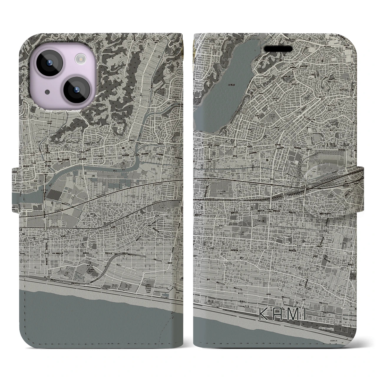 【可美(静岡県)】地図柄iPhoneケース(手帳タイプ)モノトーン・iPhone 14 用