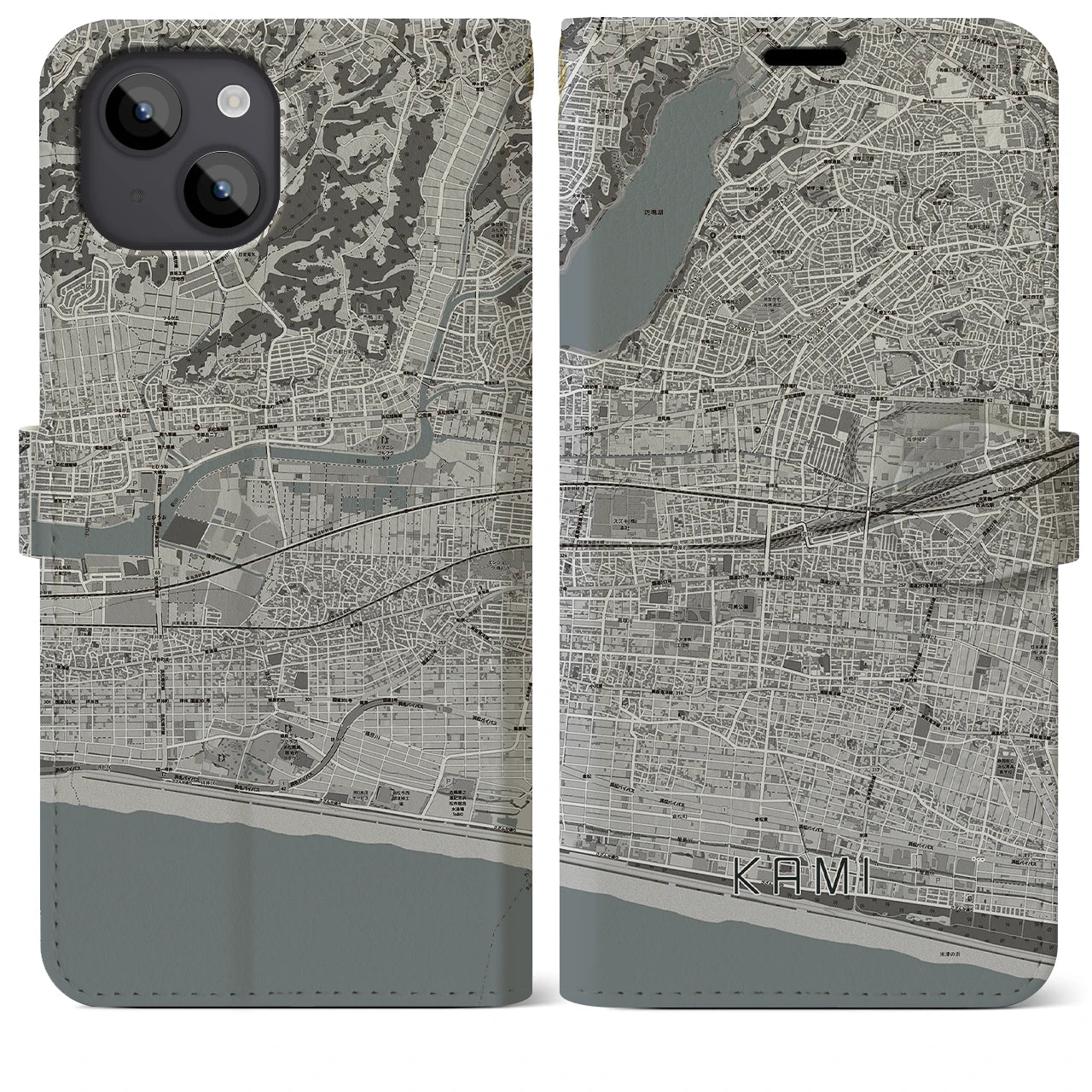【可美(静岡県)】地図柄iPhoneケース(手帳タイプ)モノトーン・iPhone 14 Plus 用