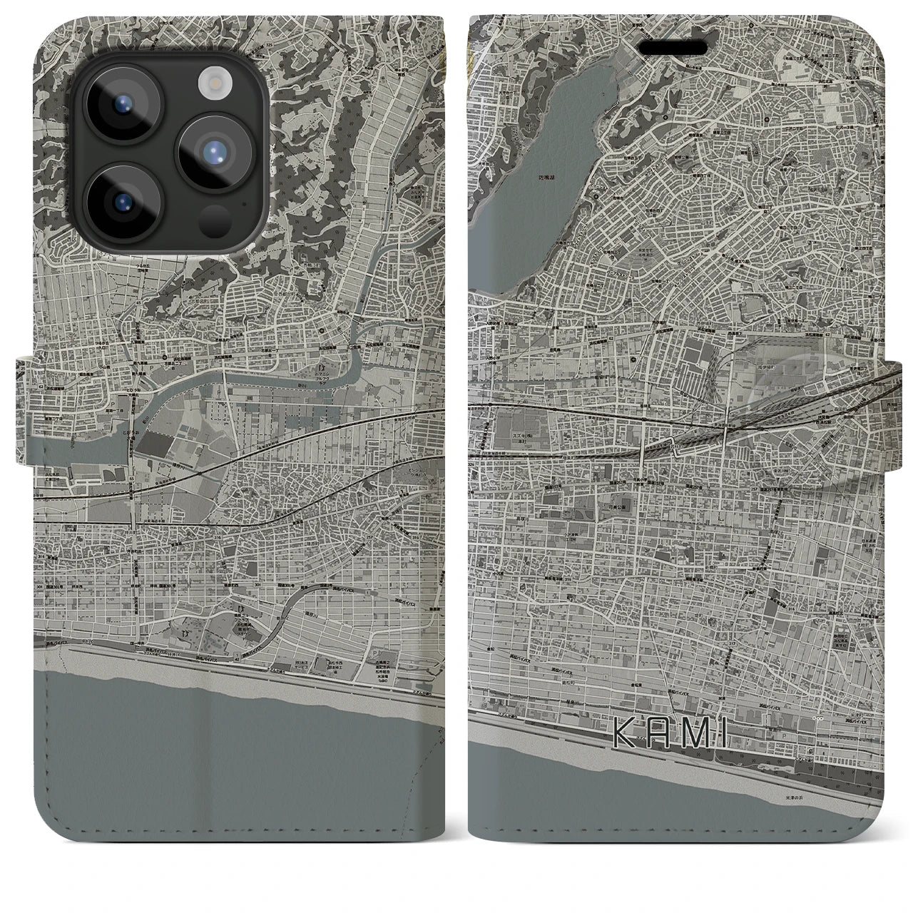 【可美(静岡県)】地図柄iPhoneケース(手帳タイプ)モノトーン・iPhone 15 Pro Max 用