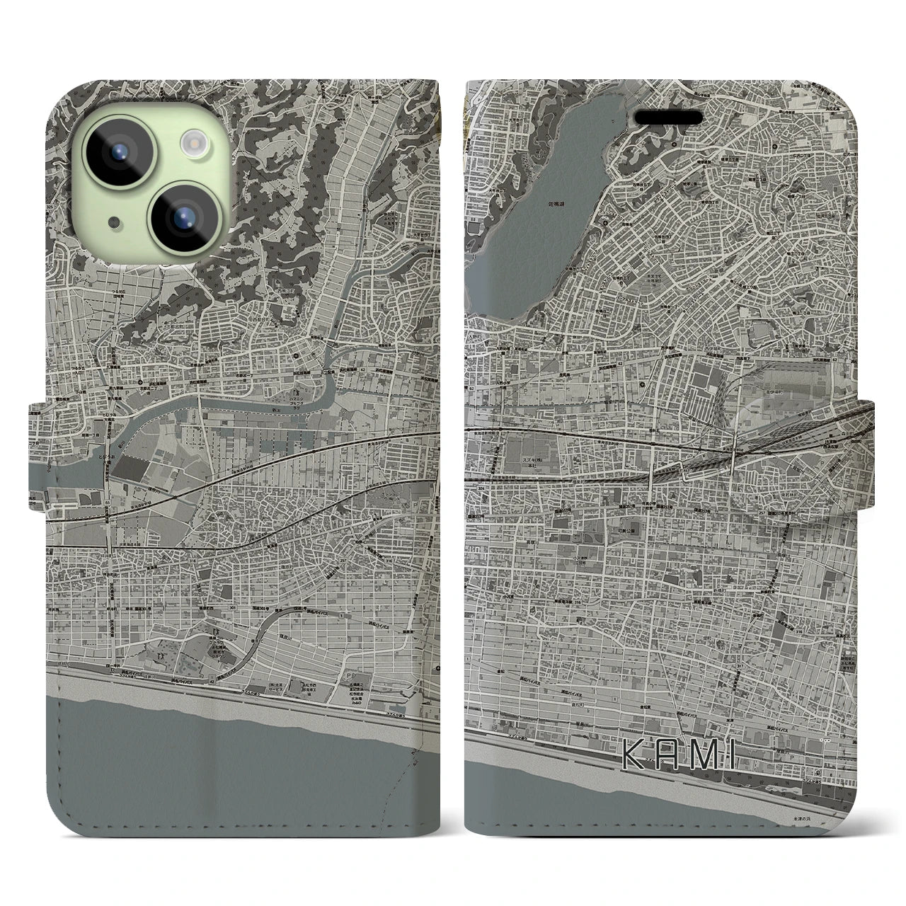 【可美(静岡県)】地図柄iPhoneケース(手帳タイプ)モノトーン・iPhone 15 用