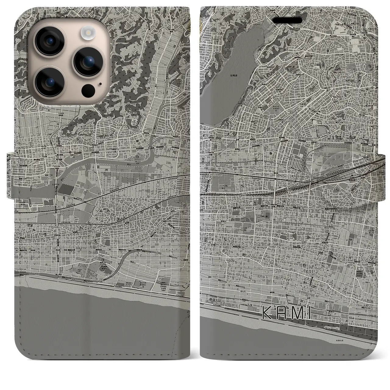 【可美(静岡県)】地図柄iPhoneケース(手帳タイプ)モノトーン・iPhone 16 Plus 用