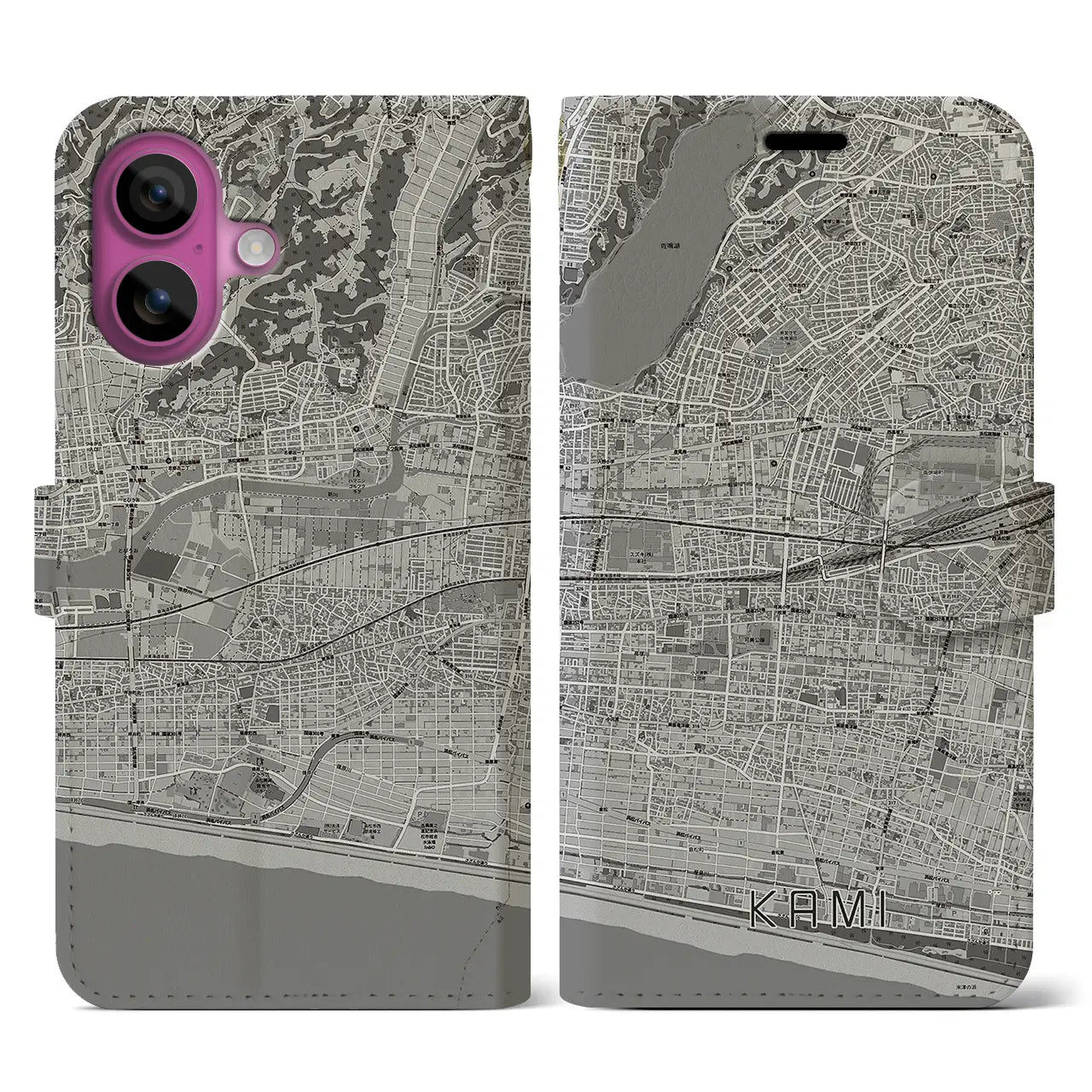 【可美(静岡県)】地図柄iPhoneケース(手帳タイプ)モノトーン・iPhone 16 Pro 用