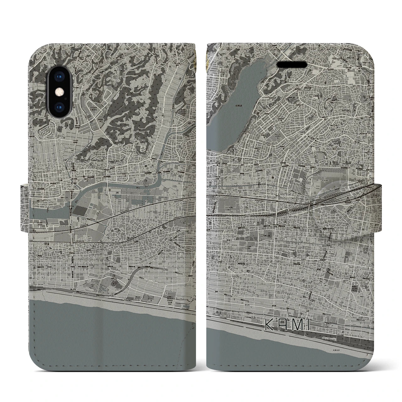 【可美(静岡県)】地図柄iPhoneケース(手帳タイプ)モノトーン・iPhone XS / X 用