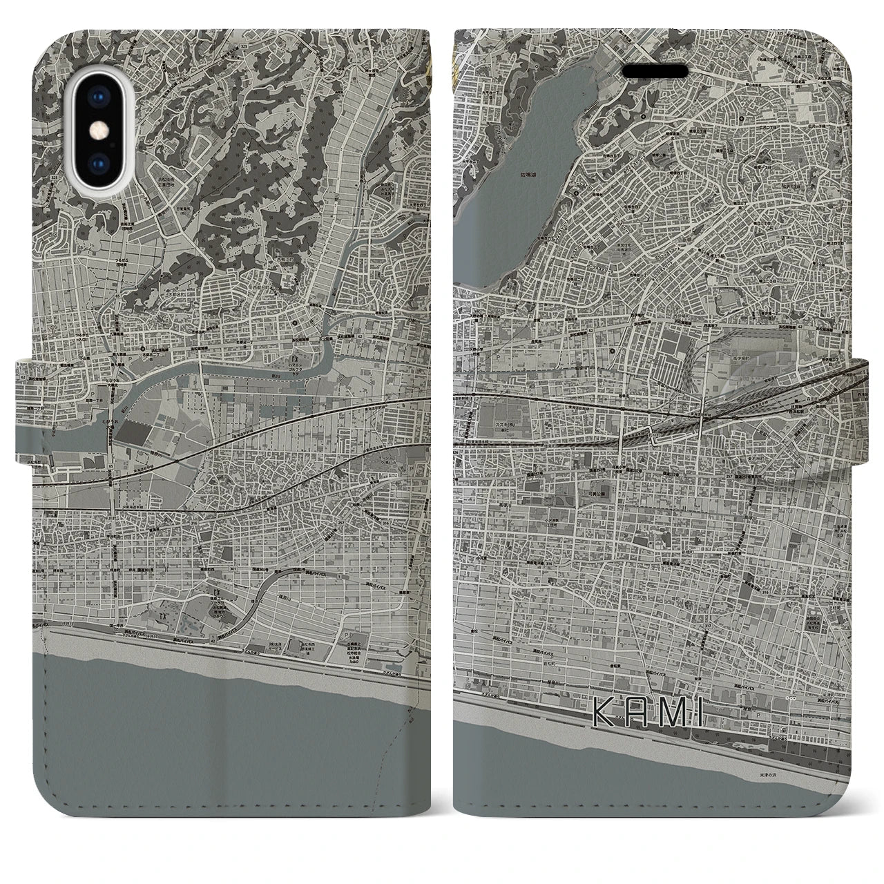 【可美(静岡県)】地図柄iPhoneケース(手帳タイプ)モノトーン・iPhone XS Max 用