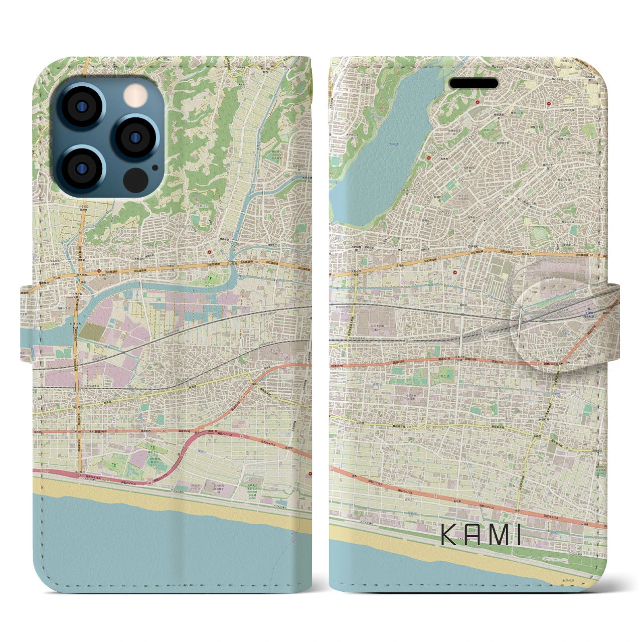 【可美(静岡県)】地図柄iPhoneケース(手帳タイプ)ナチュラル・iPhone 12 / 12 Pro 用