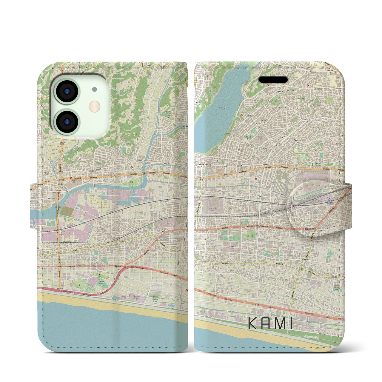 【可美(静岡県)】地図柄iPhoneケース(手帳タイプ)ナチュラル・iPhone 12 mini 用