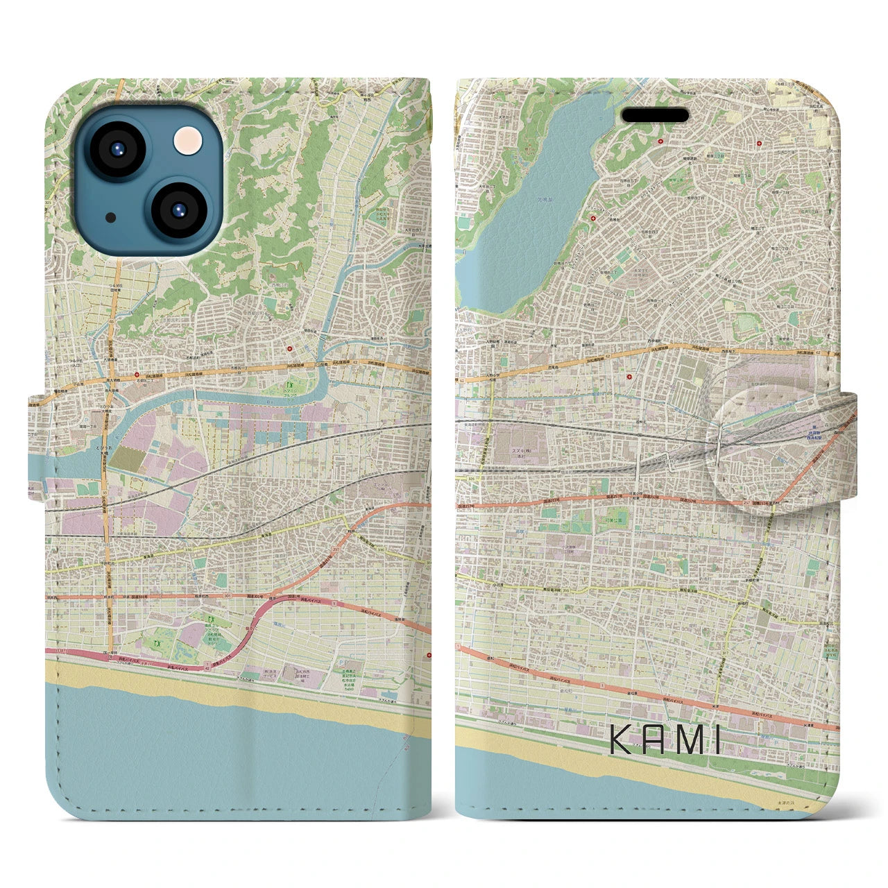 【可美(静岡県)】地図柄iPhoneケース(手帳タイプ)ナチュラル・iPhone 13 用