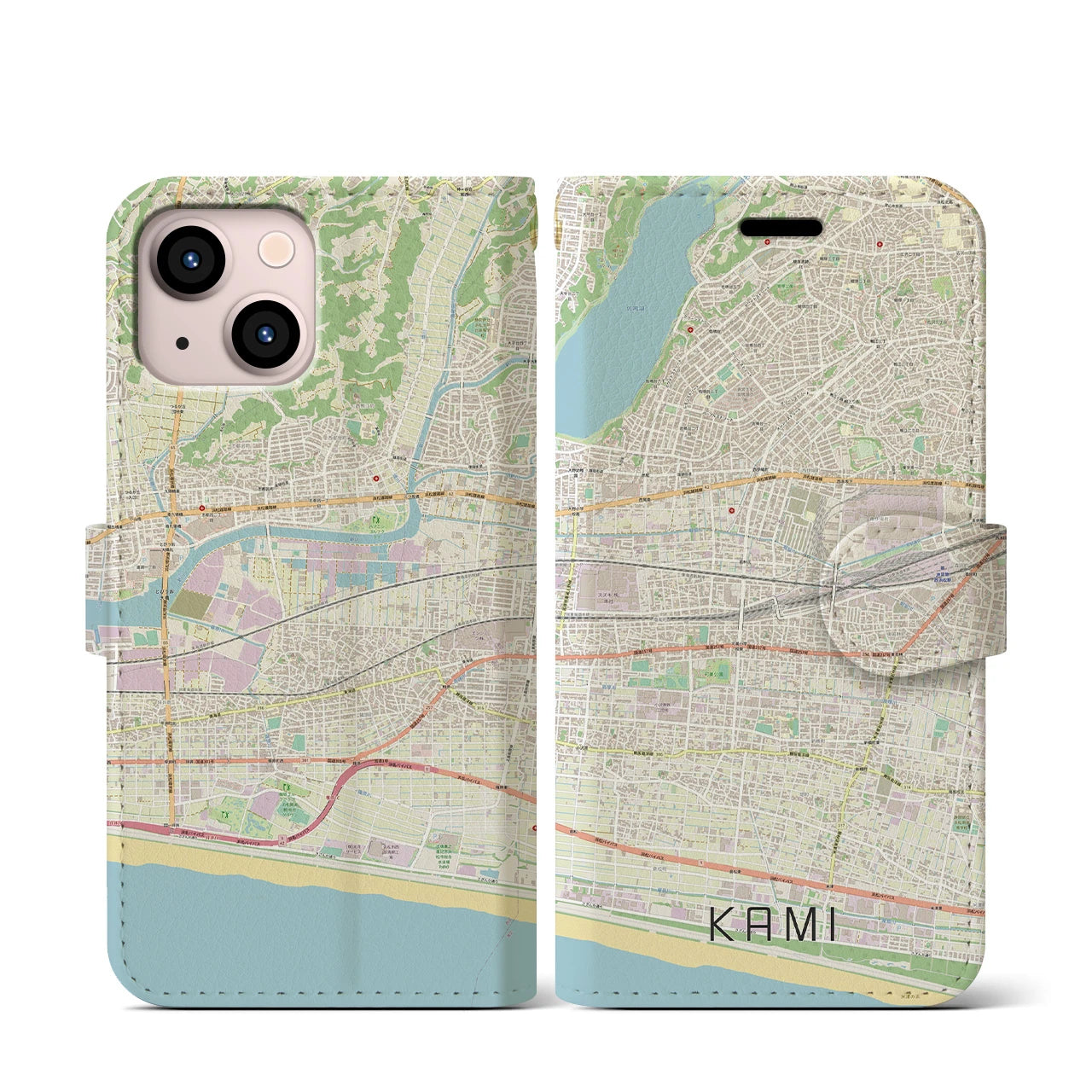 【可美(静岡県)】地図柄iPhoneケース(手帳タイプ)ナチュラル・iPhone 13 mini 用