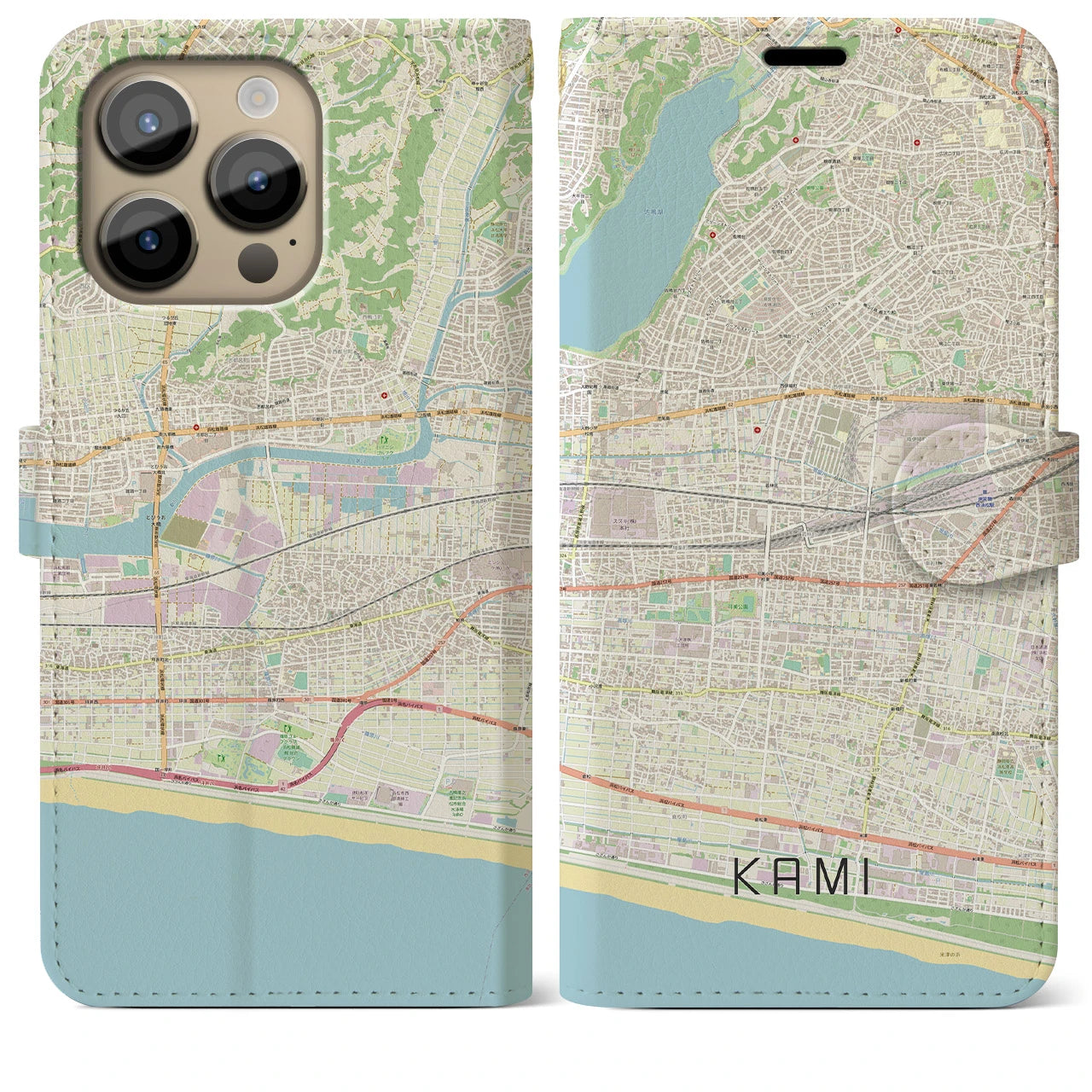 【可美(静岡県)】地図柄iPhoneケース(手帳タイプ)ナチュラル・iPhone 14 Pro Max 用