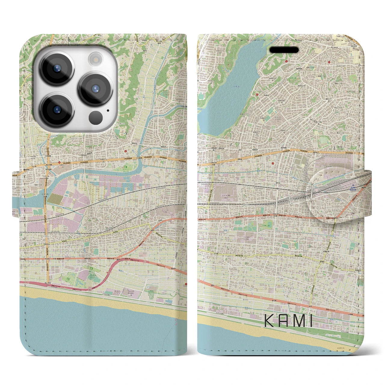 【可美(静岡県)】地図柄iPhoneケース(手帳タイプ)ナチュラル・iPhone 14 Pro 用