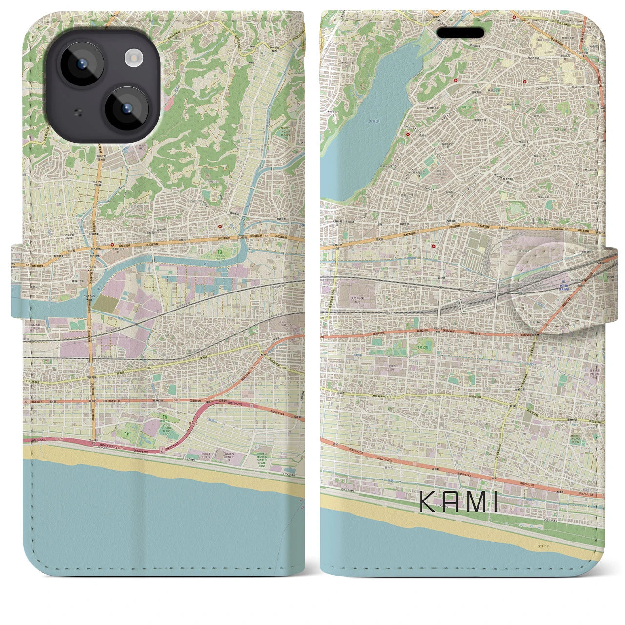 【可美(静岡県)】地図柄iPhoneケース(手帳タイプ)ナチュラル・iPhone 14 Plus 用