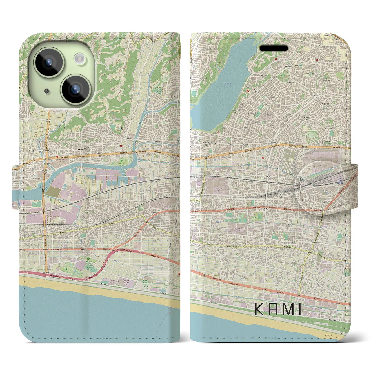 【可美(静岡県)】地図柄iPhoneケース(手帳タイプ)ナチュラル・iPhone 15 用