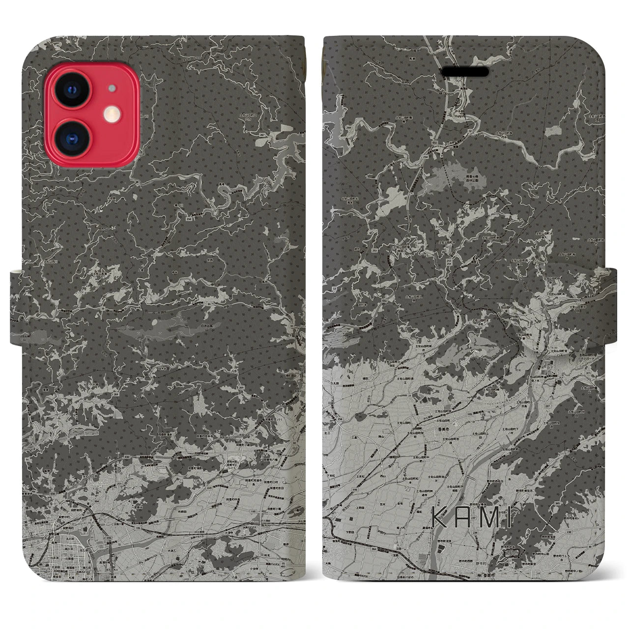 【香美(高知県)】地図柄iPhoneケース(手帳タイプ)モノトーン・iPhone 11 用