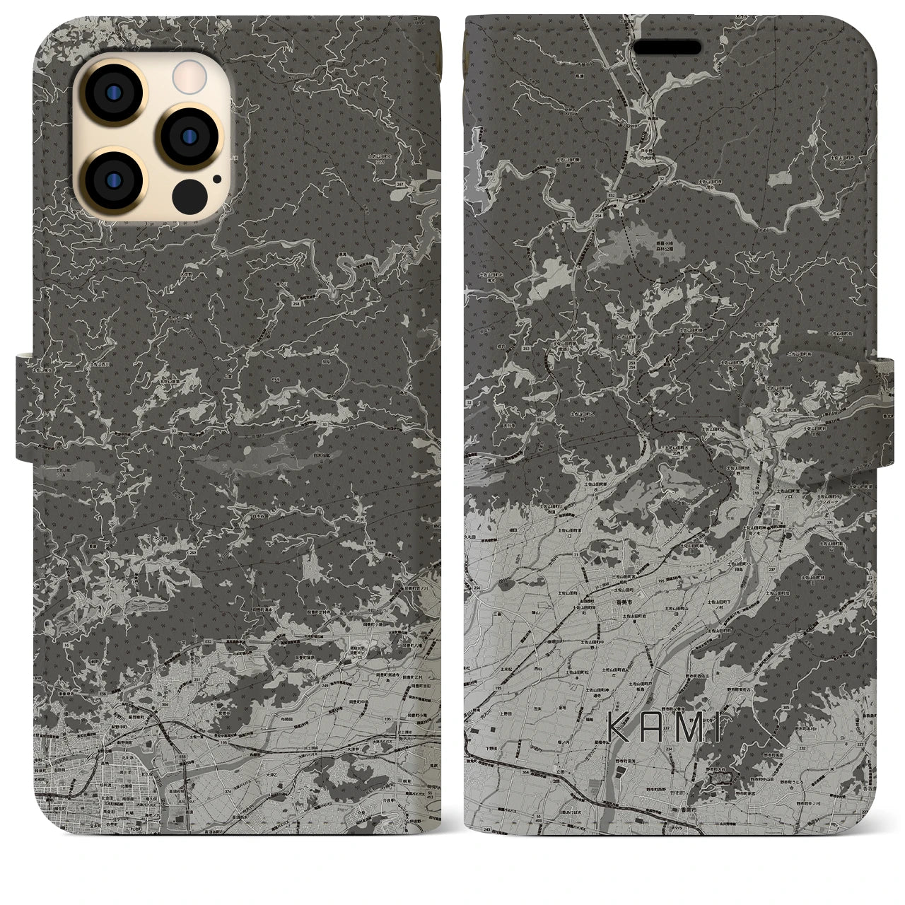 【香美(高知県)】地図柄iPhoneケース(手帳タイプ)モノトーン・iPhone 12 Pro Max 用