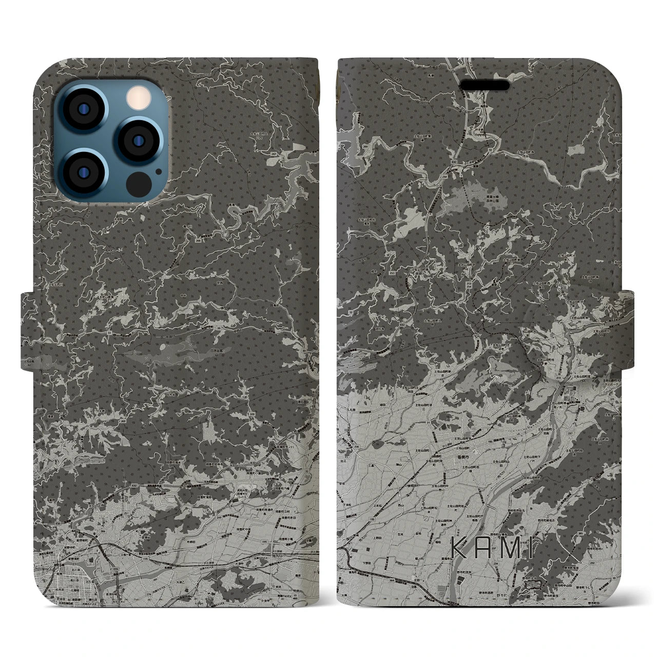 【香美(高知県)】地図柄iPhoneケース(手帳タイプ)モノトーン・iPhone 12 / 12 Pro 用