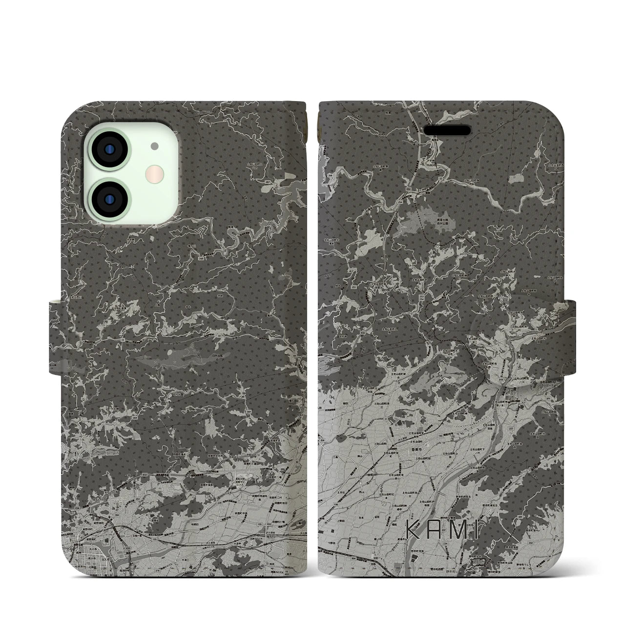 【香美(高知県)】地図柄iPhoneケース(手帳タイプ)モノトーン・iPhone 12 mini 用