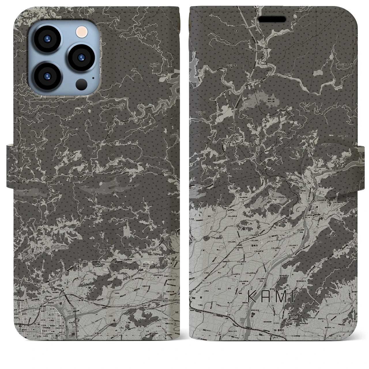 【香美(高知県)】地図柄iPhoneケース(手帳タイプ)モノトーン・iPhone 13 Pro Max 用