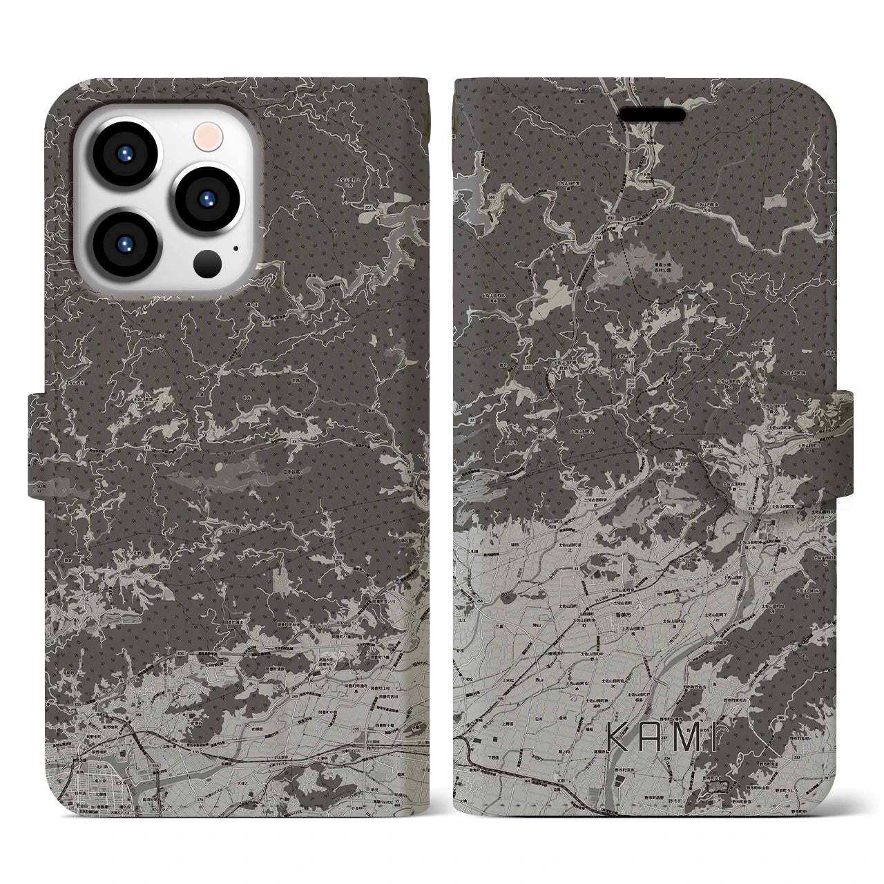 【香美(高知県)】地図柄iPhoneケース(手帳タイプ)モノトーン・iPhone 13 Pro 用
