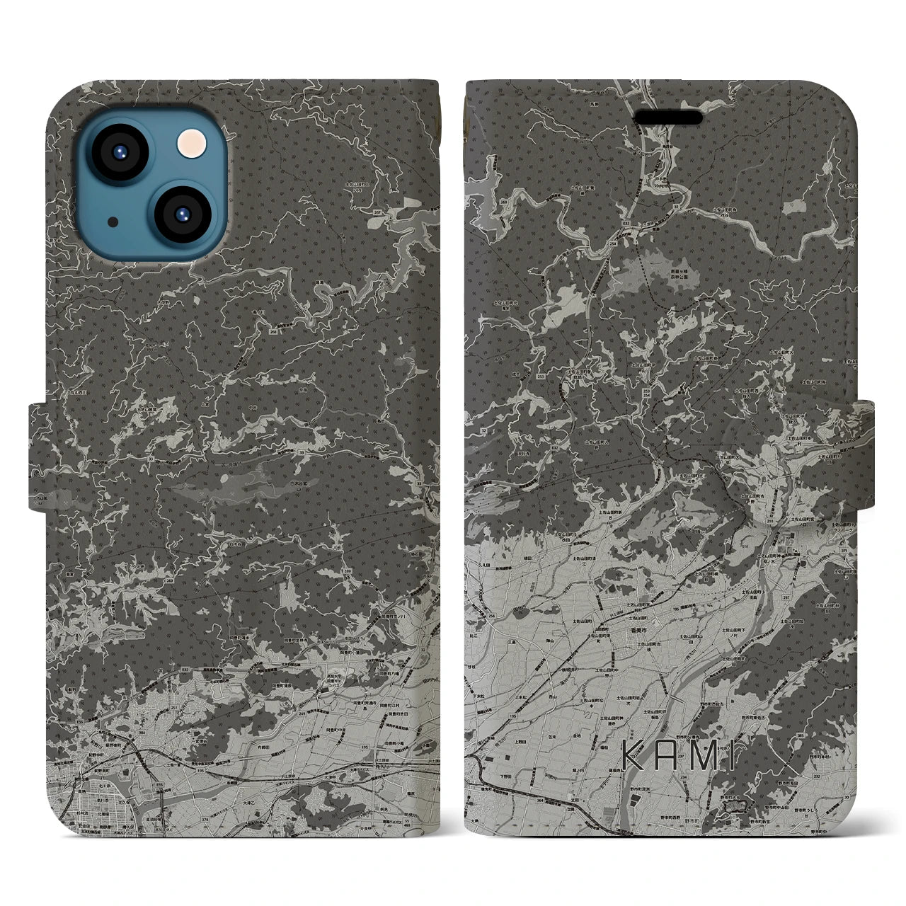 【香美(高知県)】地図柄iPhoneケース(手帳タイプ)モノトーン・iPhone 13 用