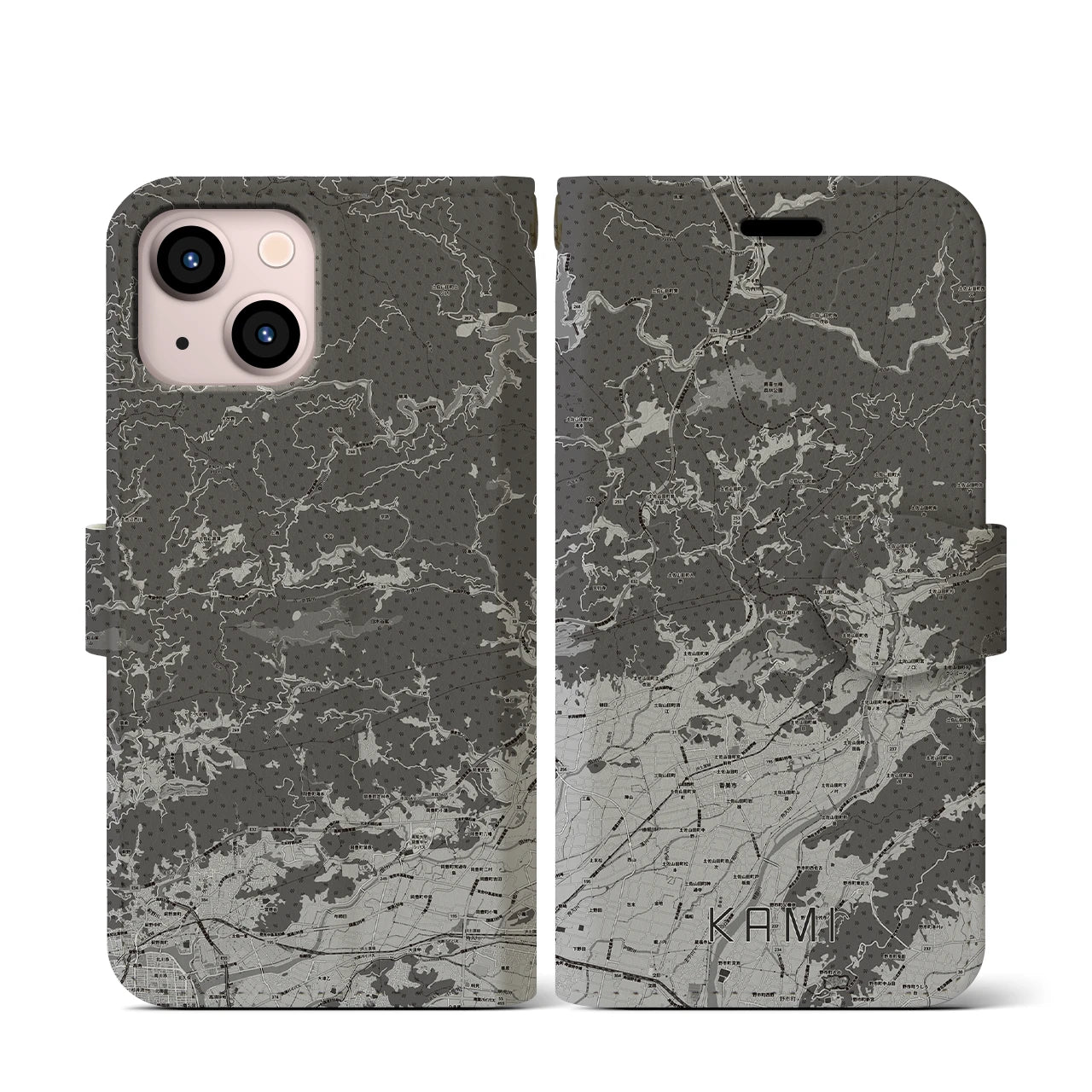 【香美(高知県)】地図柄iPhoneケース(手帳タイプ)モノトーン・iPhone 13 mini 用