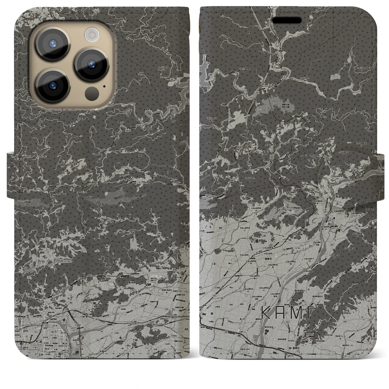 【香美(高知県)】地図柄iPhoneケース(手帳タイプ)モノトーン・iPhone 14 Pro Max 用