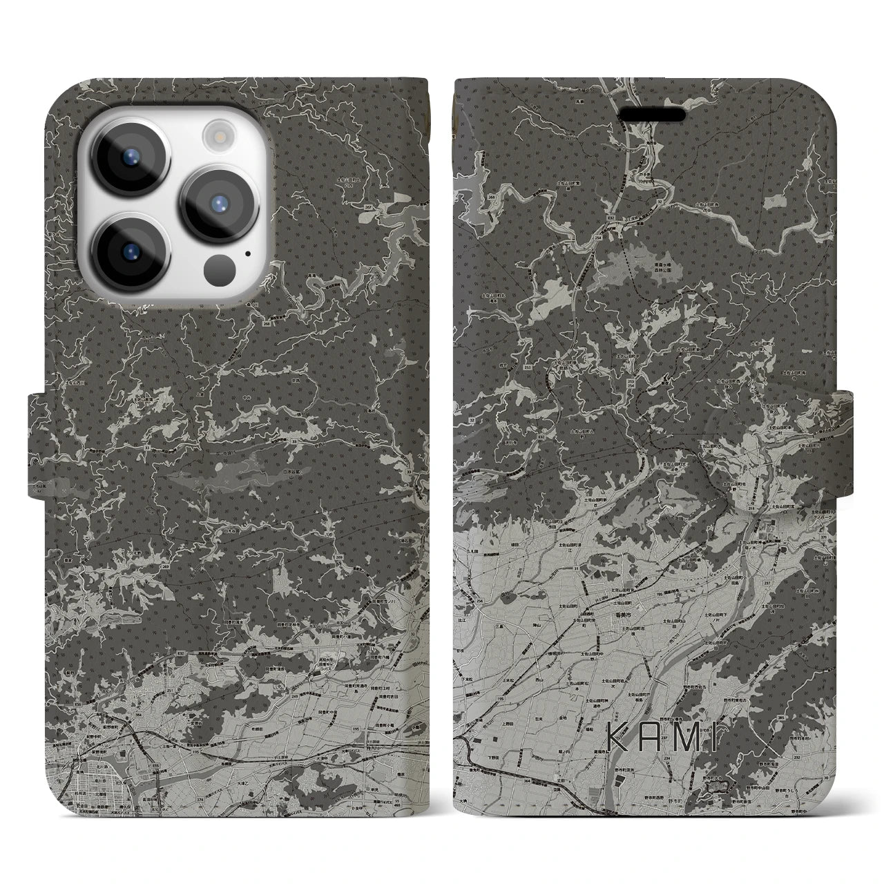 【香美(高知県)】地図柄iPhoneケース(手帳タイプ)モノトーン・iPhone 14 Pro 用