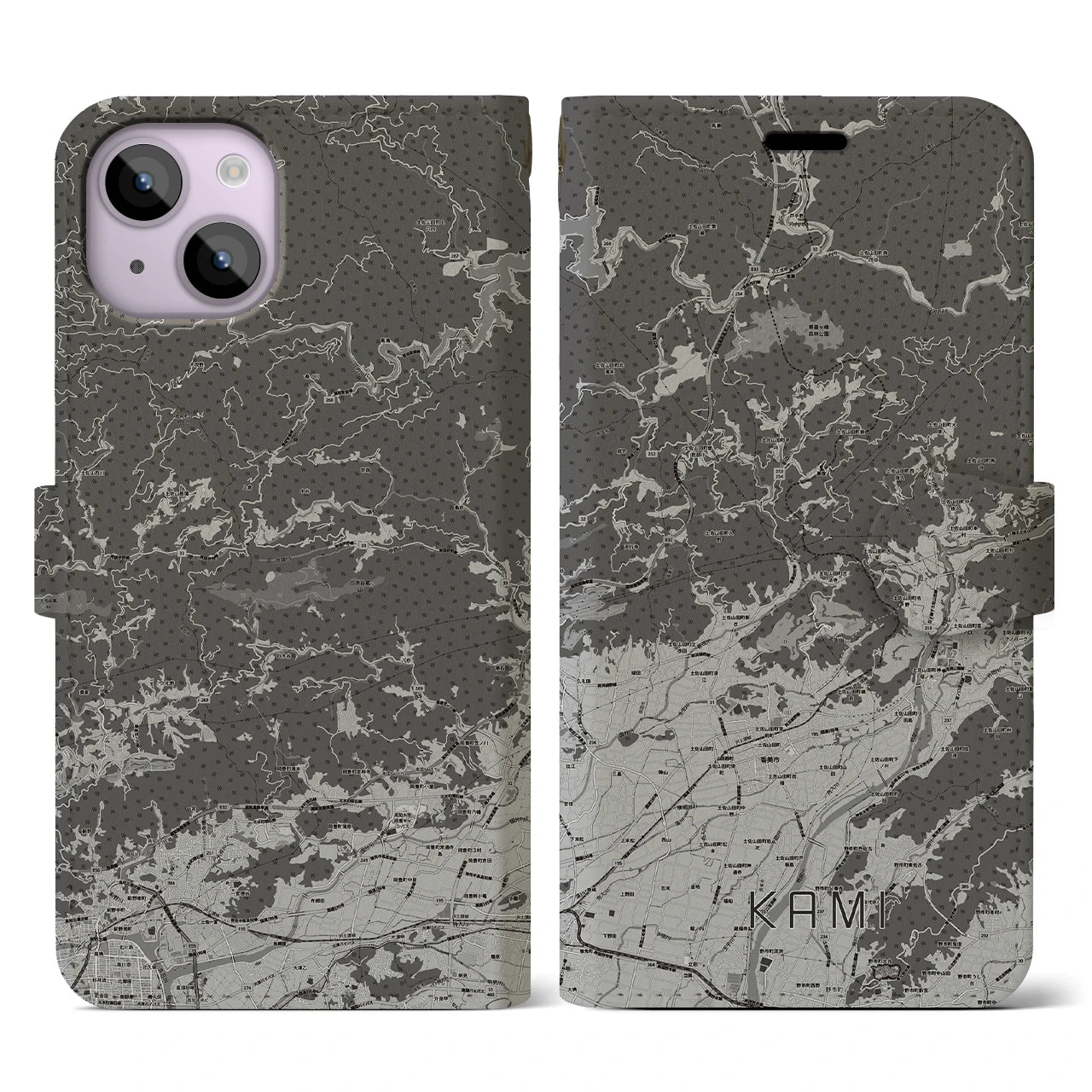 【香美(高知県)】地図柄iPhoneケース(手帳タイプ)モノトーン・iPhone 14 用