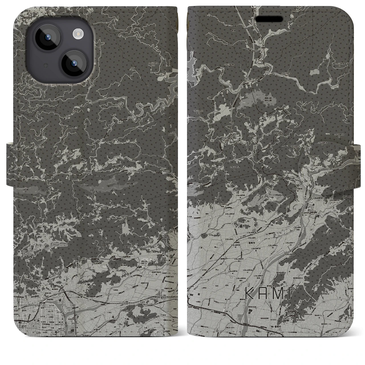 【香美(高知県)】地図柄iPhoneケース(手帳タイプ)モノトーン・iPhone 14 Plus 用