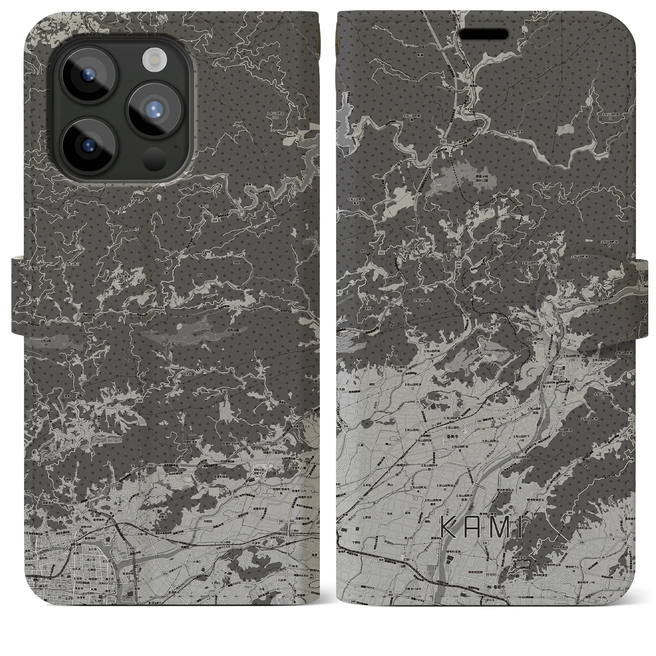 【香美(高知県)】地図柄iPhoneケース(手帳タイプ)モノトーン・iPhone 15 Pro Max 用