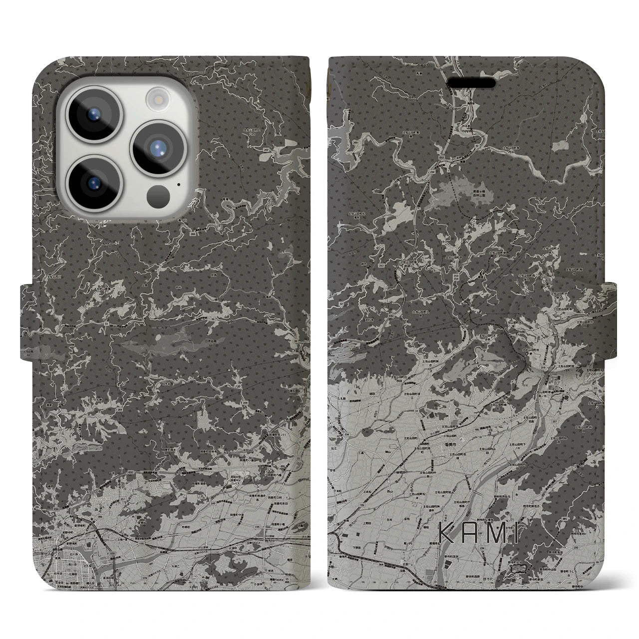 【香美(高知県)】地図柄iPhoneケース(手帳タイプ)モノトーン・iPhone 15 Pro 用