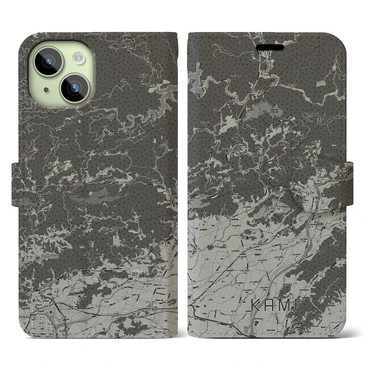 【香美(高知県)】地図柄iPhoneケース(手帳タイプ)モノトーン・iPhone 15 用