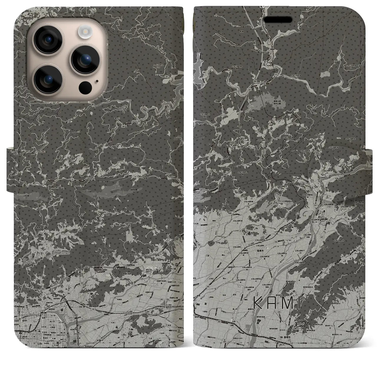【香美(高知県)】地図柄iPhoneケース(手帳タイプ)モノトーン・iPhone 16 Plus 用