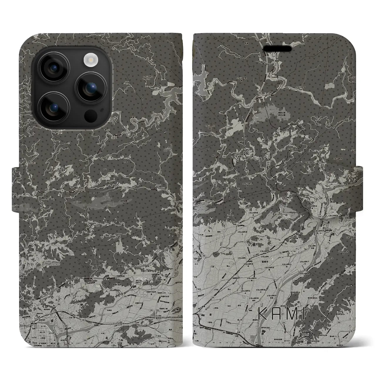 【香美(高知県)】地図柄iPhoneケース(手帳タイプ)モノトーン・iPhone 16 用